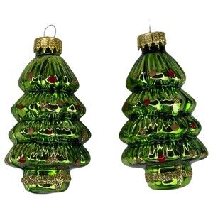 Pair of 3" Christmas Tree Ornaments Blown Glass Hand Painted VTG